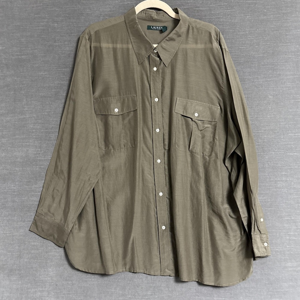 Lauren Ralph Lauren Top 3X Green Silk Cotton Button Tunic Utility Pockets Shirt